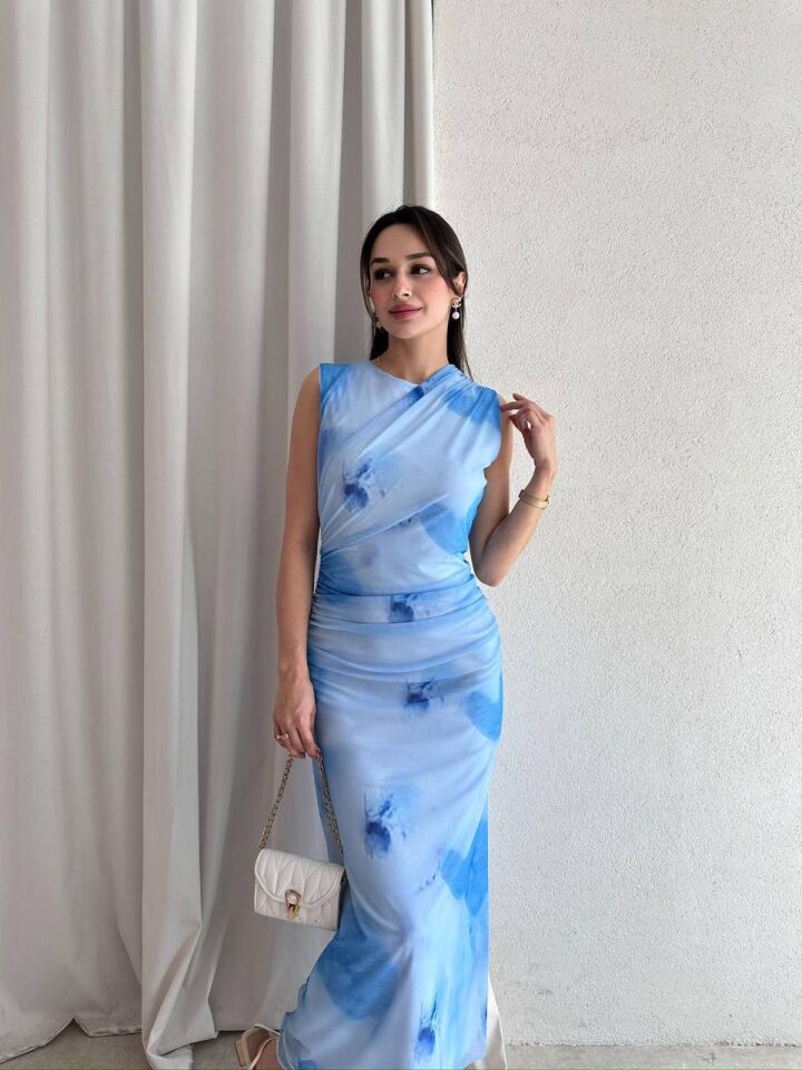 Drapeli Desenli Maxi Elbise 5060 Mavi - M