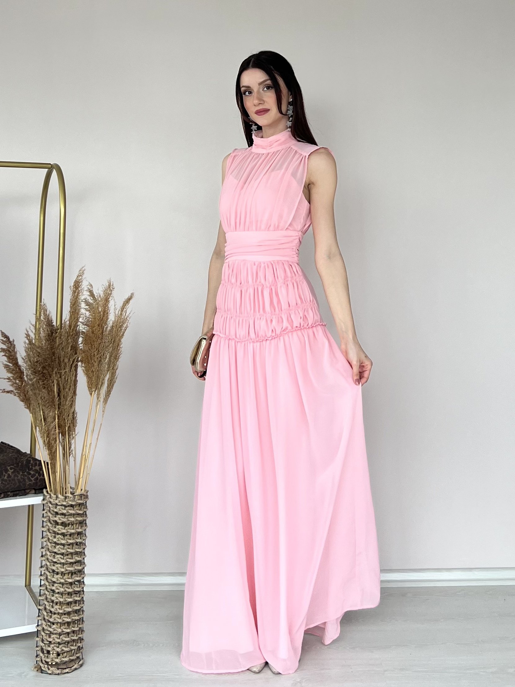 Şifon Uzun Abiye Elbise 6083 Pembe - S