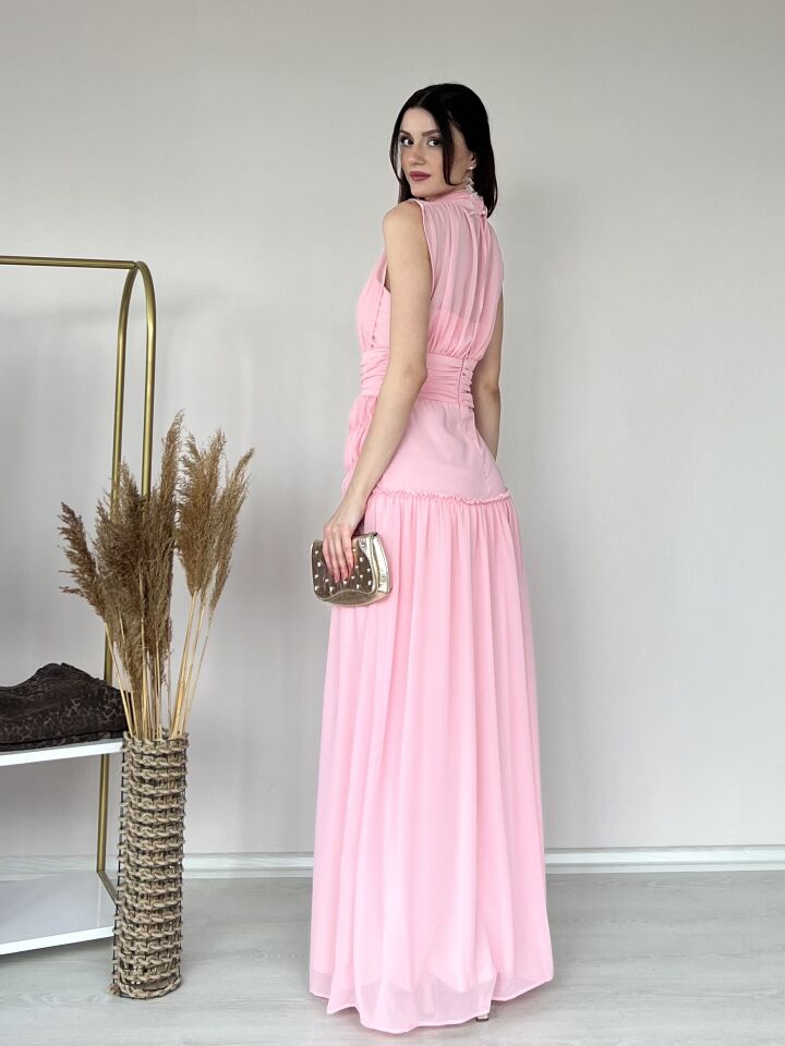 Şifon Uzun Abiye Elbise 6083 Pembe - S