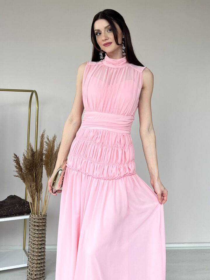 Şifon Uzun Abiye Elbise 6083 Pembe - S