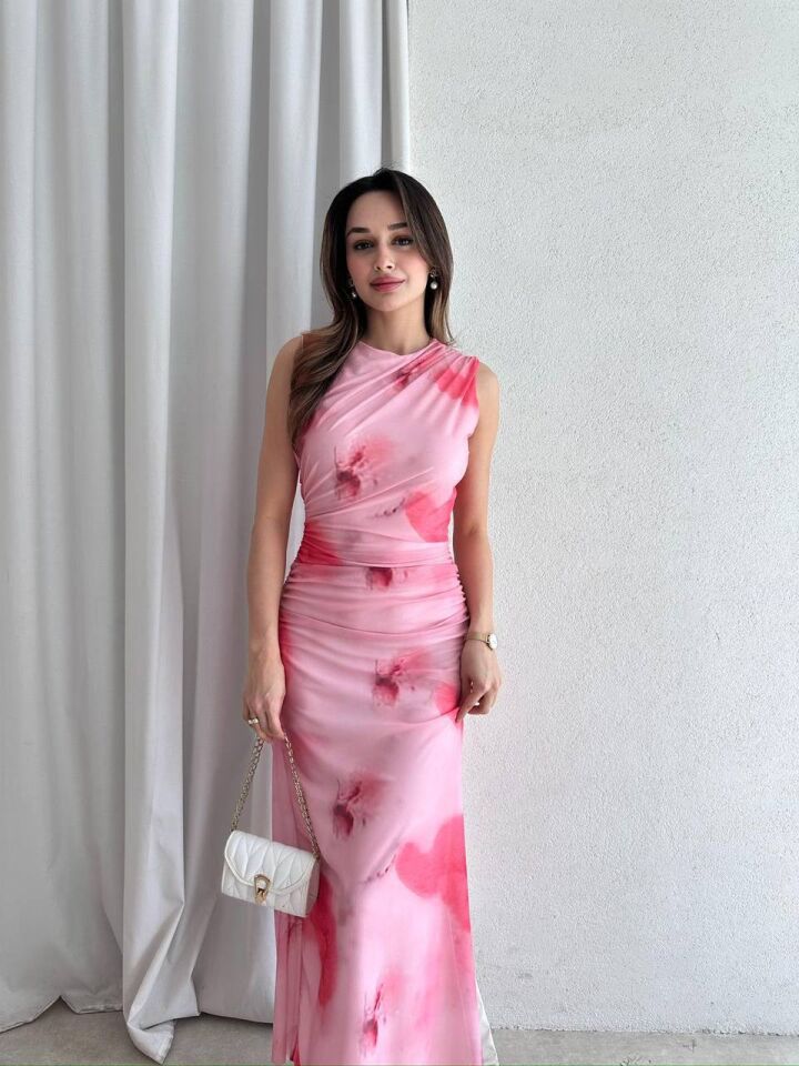 Drapeli Desenli Maxi Elbise 5060 Nar Çiçeği - M