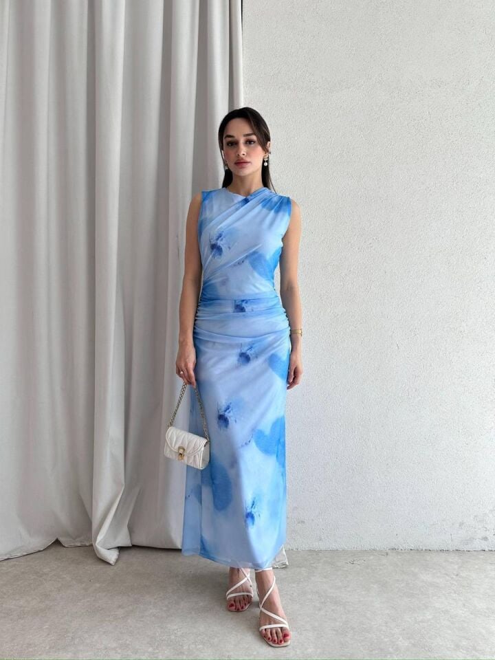Drapeli Desenli Maxi Elbise 5060 Mavi - XL
