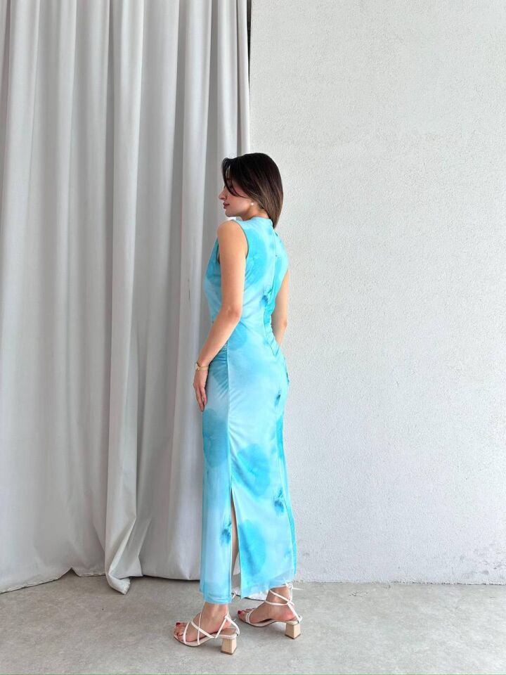 Drapeli Desenli Maxi Elbise 5060 Su Yeşili - L