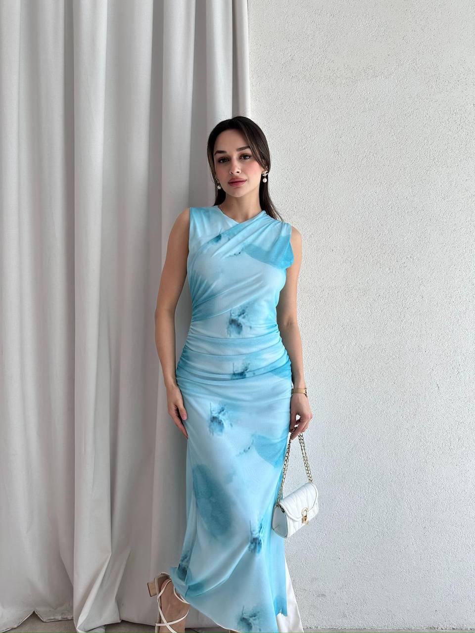 Drapeli Desenli Maxi Elbise 5060 Su Yeşili - XL