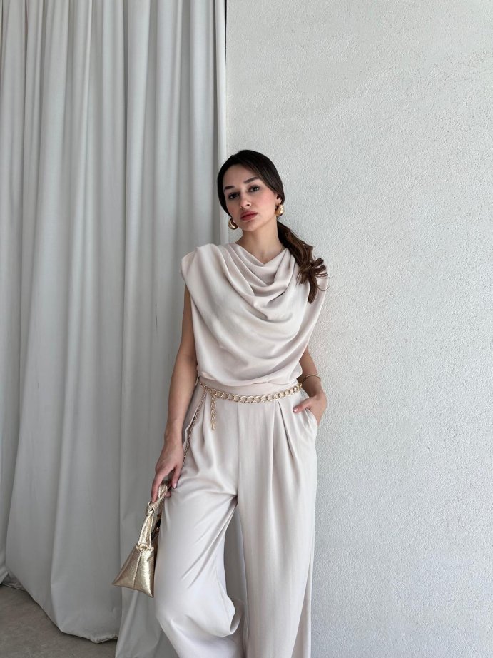 Degaje Yaka Drapeli Pantolonlu Takım 5061 Taş - L