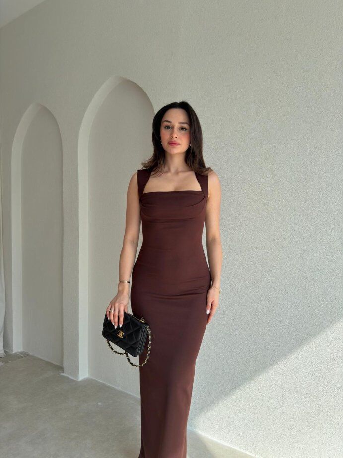 Kare Yaka Drape Detaylı Kalem Elbise 5063 Acı Kahve - S