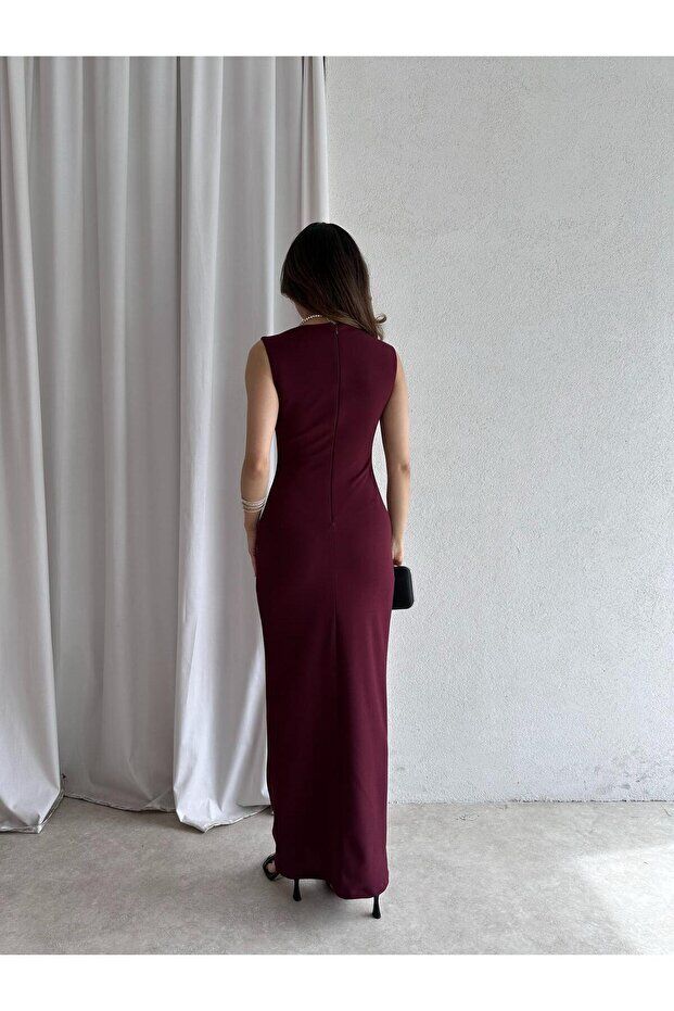 Kare Yaka Drape Detaylı Kalem Elbise 5063 Bordo - S