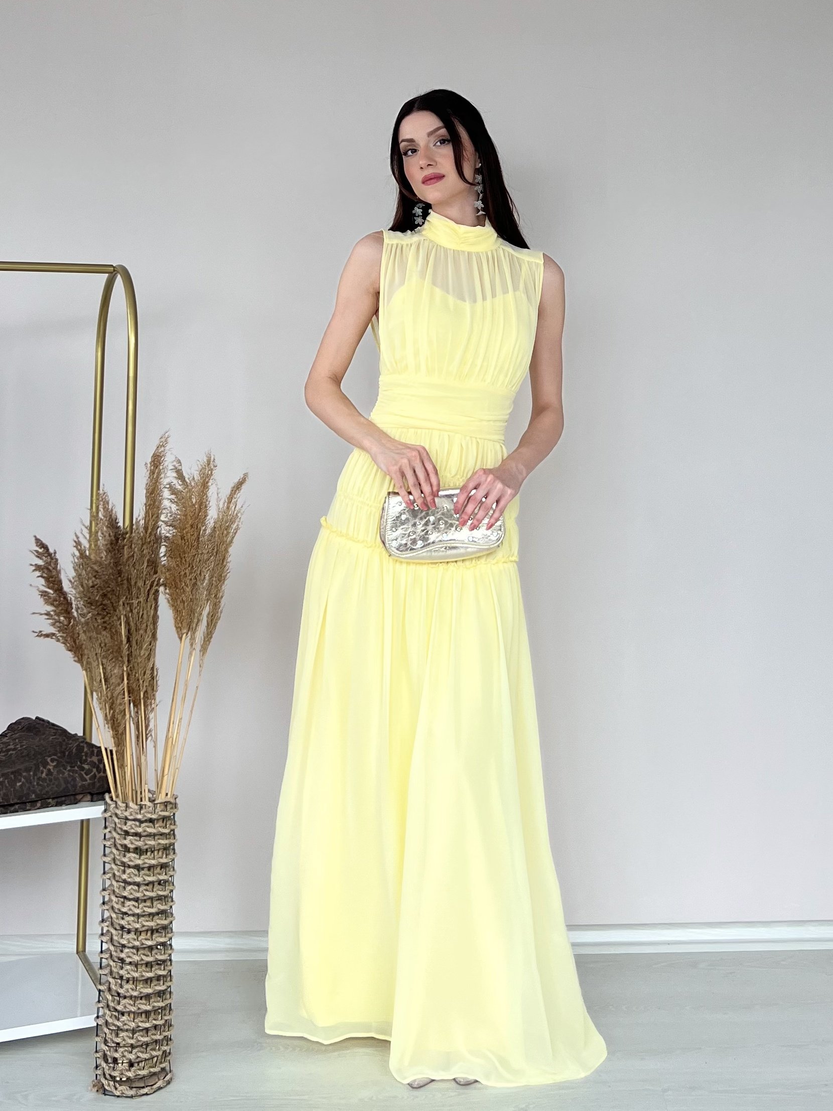 Şifon Uzun Abiye Elbise 6083 Sarı - XL