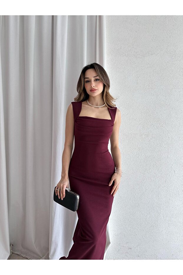 Kare Yaka Drape Detaylı Kalem Elbise 5063 Bordo - M