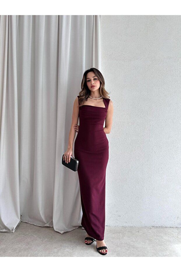Kare Yaka Drape Detaylı Kalem Elbise 5063 Bordo - M