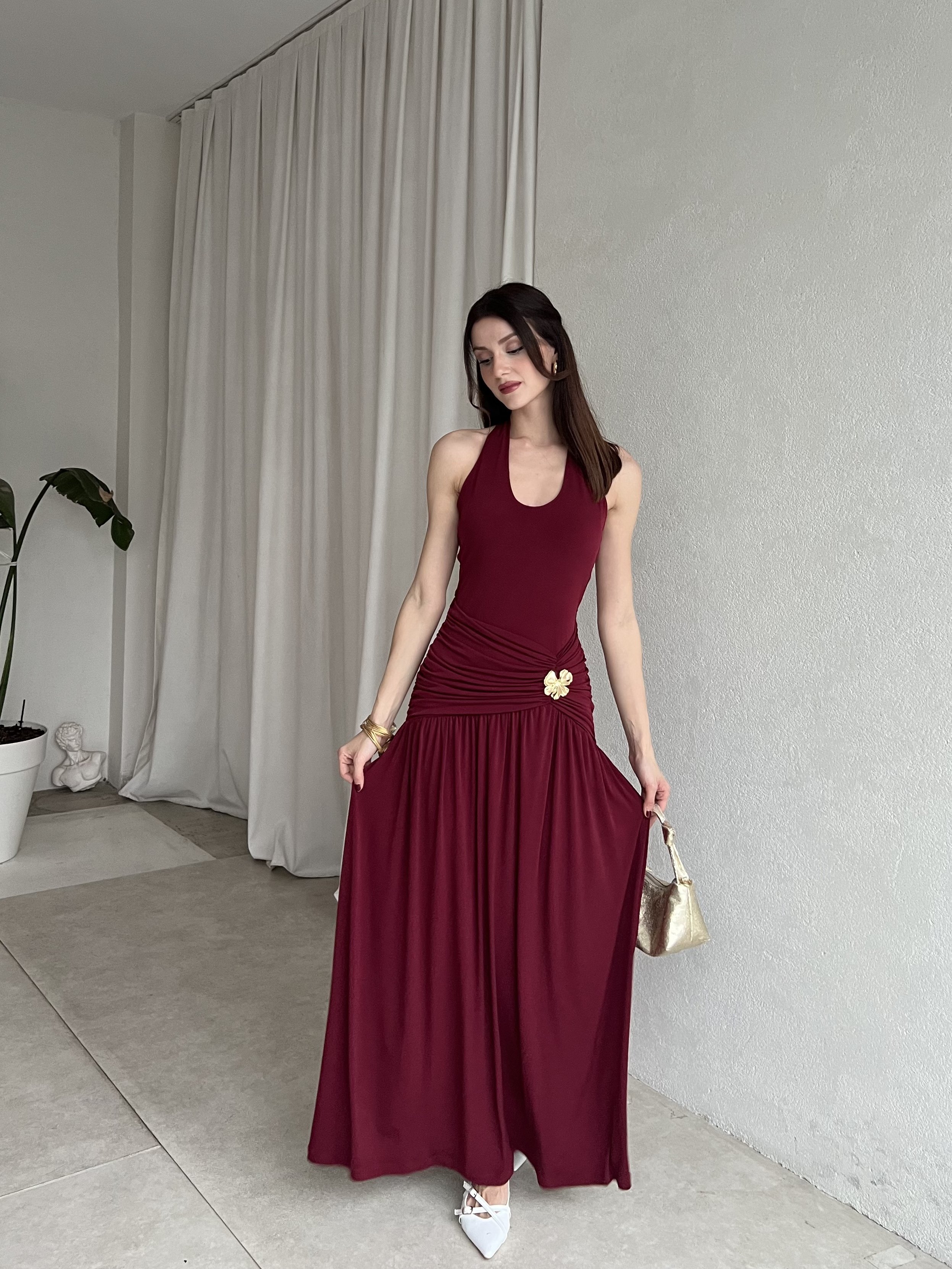 Aksesuarlı Drapeli Uzun Abiye Elbise 6079 Bordo - S