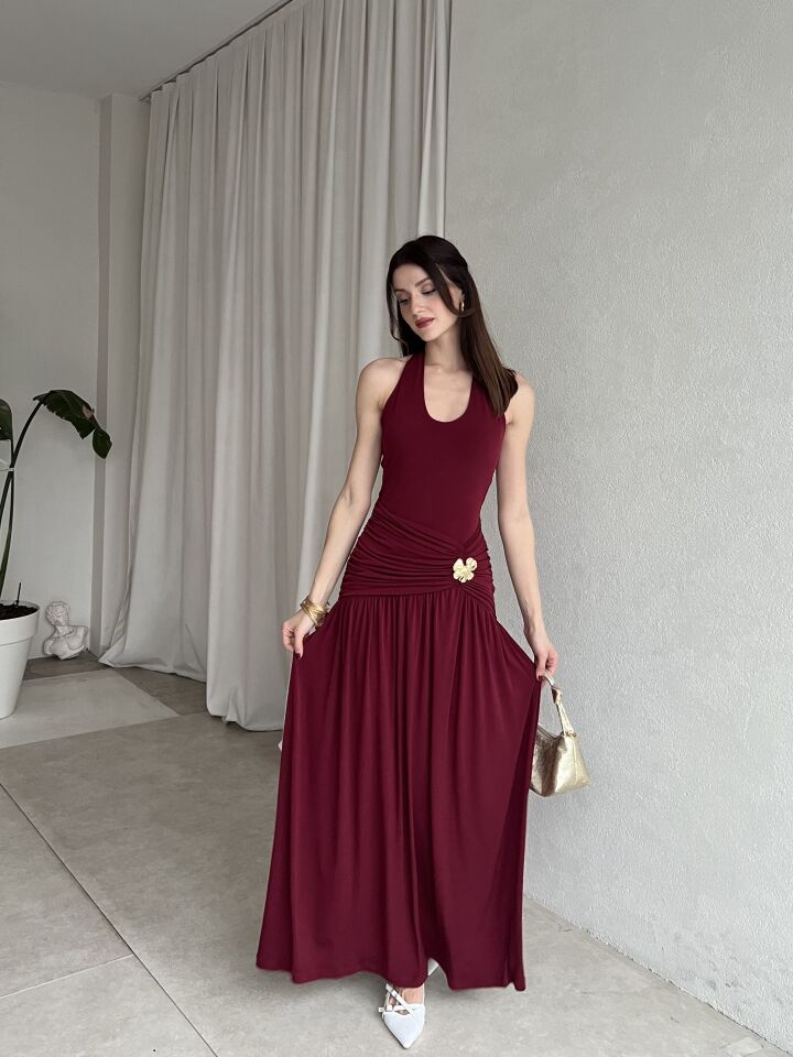 Aksesuarlı Drapeli Uzun Abiye Elbise 6079 Bordo - S