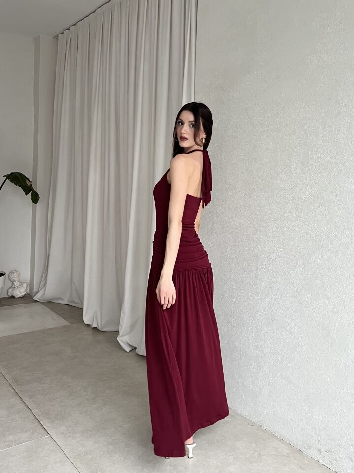 Aksesuarlı Drapeli Uzun Abiye Elbise 6079 Bordo - S