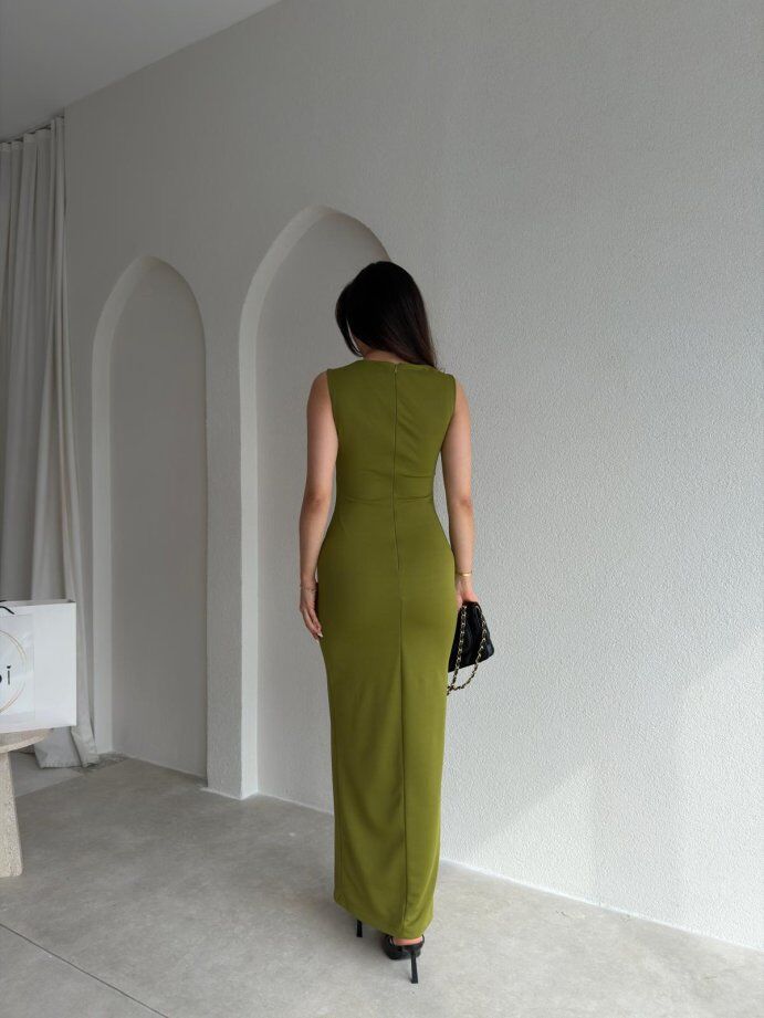 Kare Yaka Drape Detaylı Kalem Elbise 5063 Yağ Yeşili - M