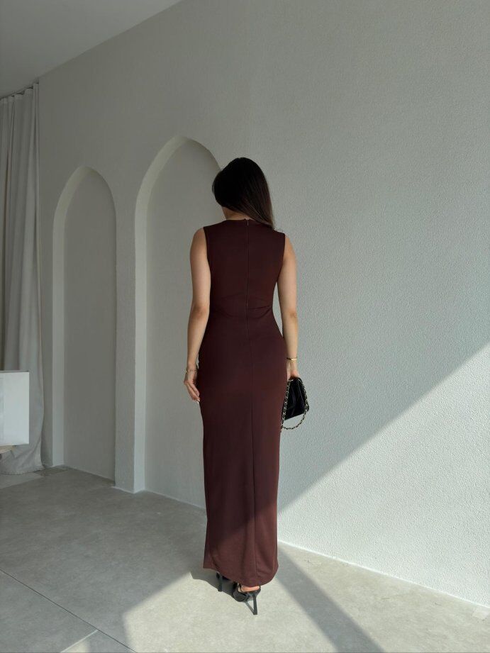 Kare Yaka Drape Detaylı Kalem Elbise 5063 Acı Kahve - XL