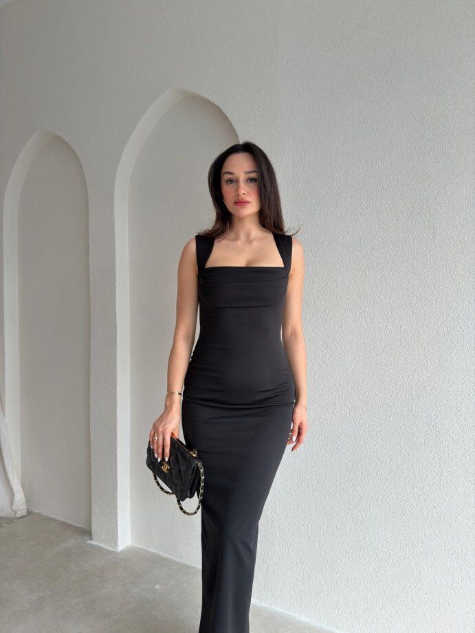 Kare Yaka Drape Detaylı Kalem Elbise 5063 Siyah - XL
