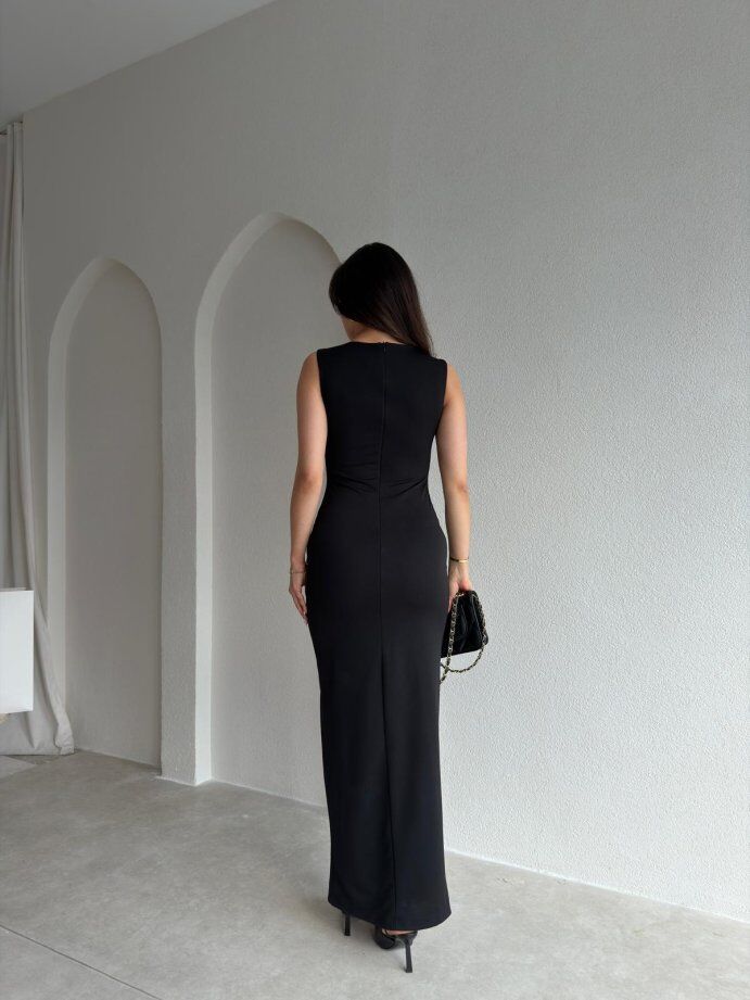 Kare Yaka Drape Detaylı Kalem Elbise 5063 Siyah - XL