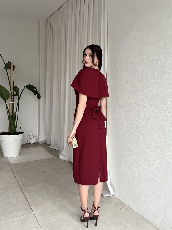 Pelerin Detaylı Midi Abiye Elbise 6077 Bordo - S