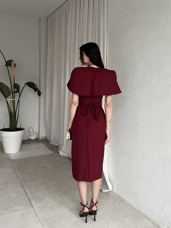 Pelerin Detaylı Midi Abiye Elbise 6077 Bordo - S