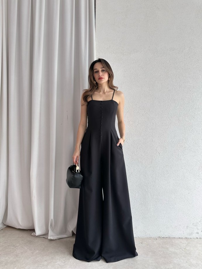İp Askılı Önü Düğmeli Drapeli Tulum 5064 Siyah - S