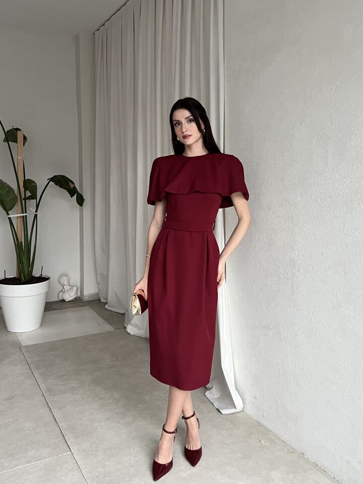 Pelerin Detaylı Midi Abiye Elbise 6077 Bordo - L