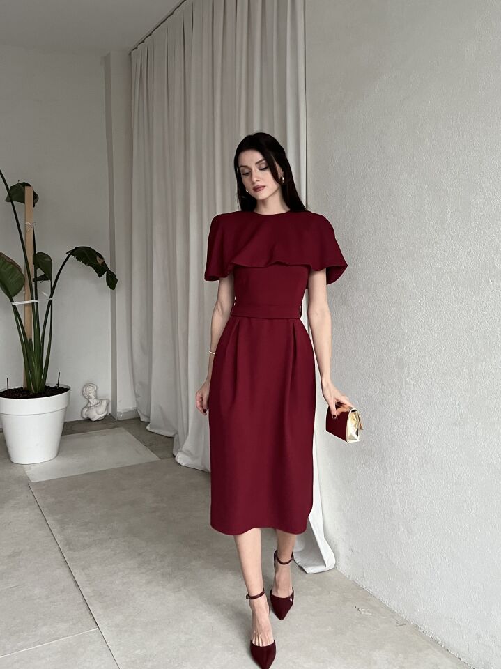 Pelerin Detaylı Midi Abiye Elbise 6077 Bordo - L