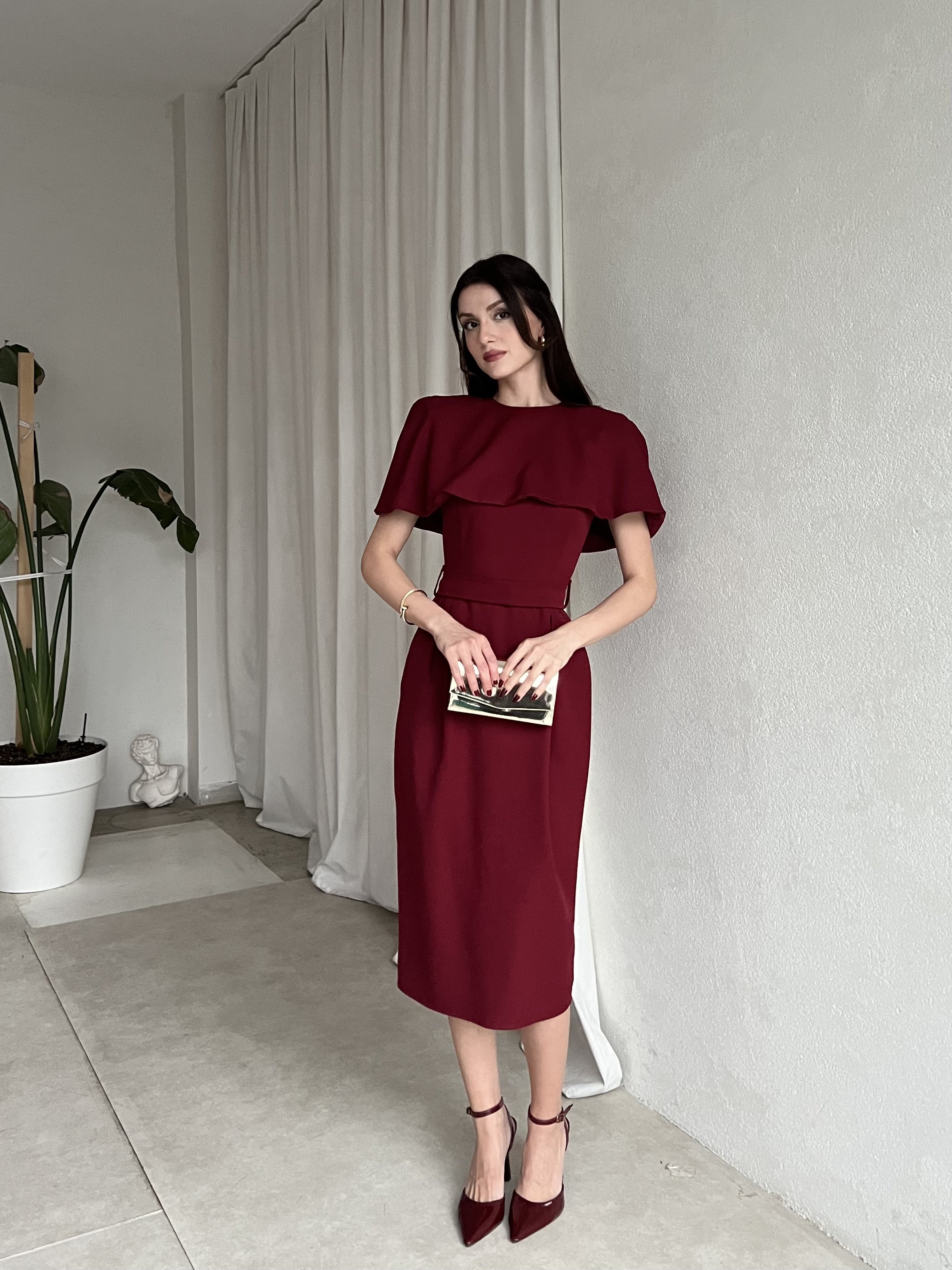 Pelerin Detaylı Midi Abiye Elbise 6077 Bordo - L