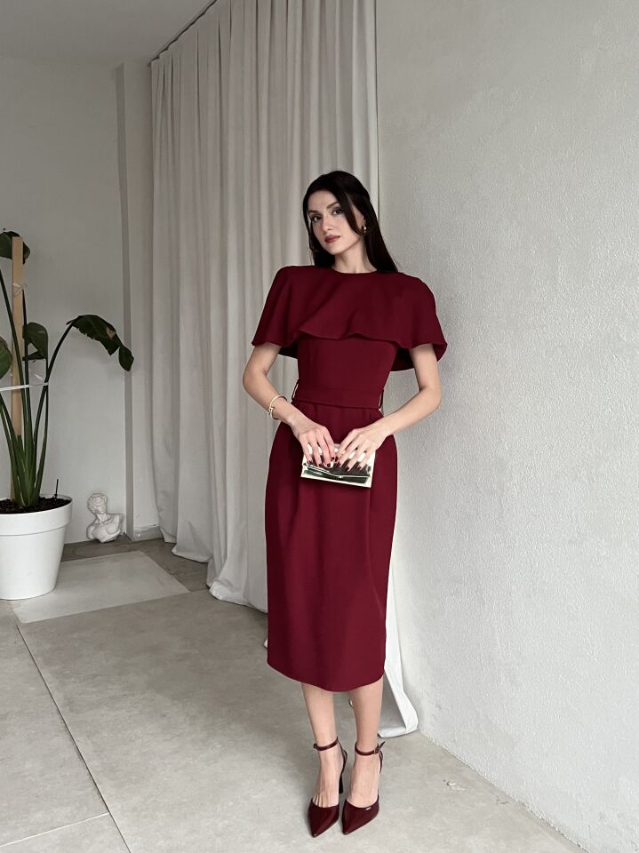 Pelerin Detaylı Midi Abiye Elbise 6077 Bordo - L