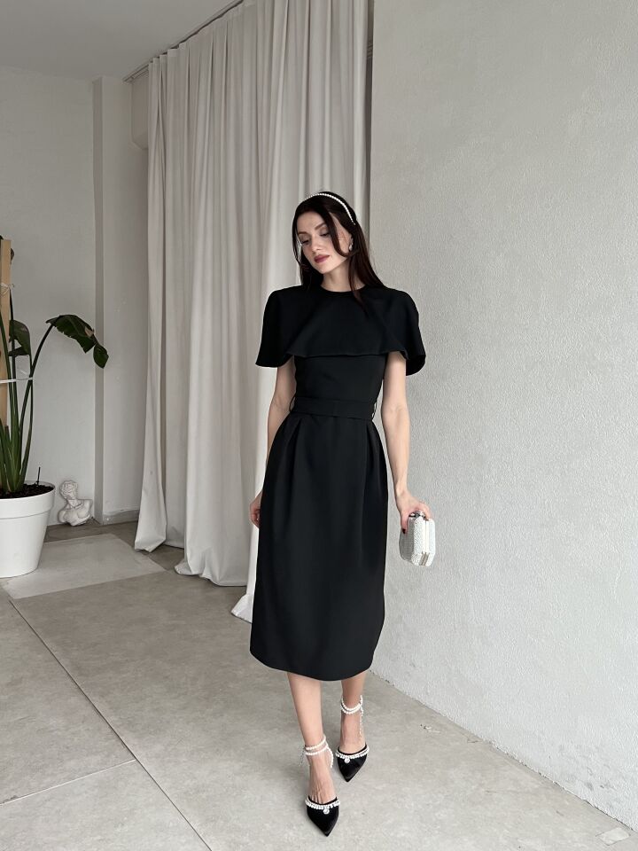 Pelerin Detaylı Midi Abiye Elbise 6077 Siyah - XL