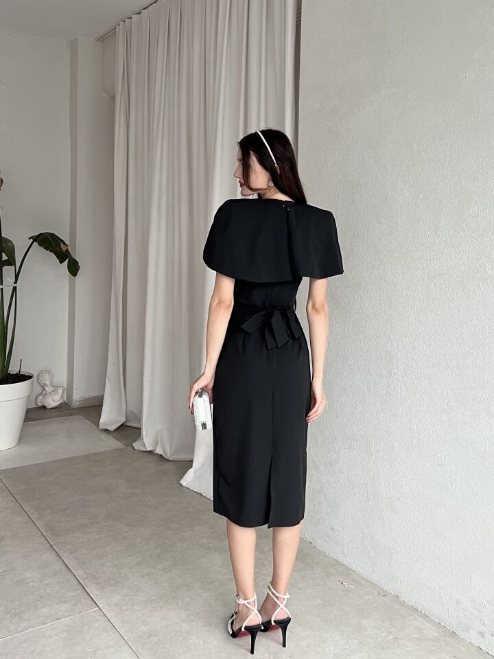 Pelerin Detaylı Midi Abiye Elbise 6077 Siyah - XL