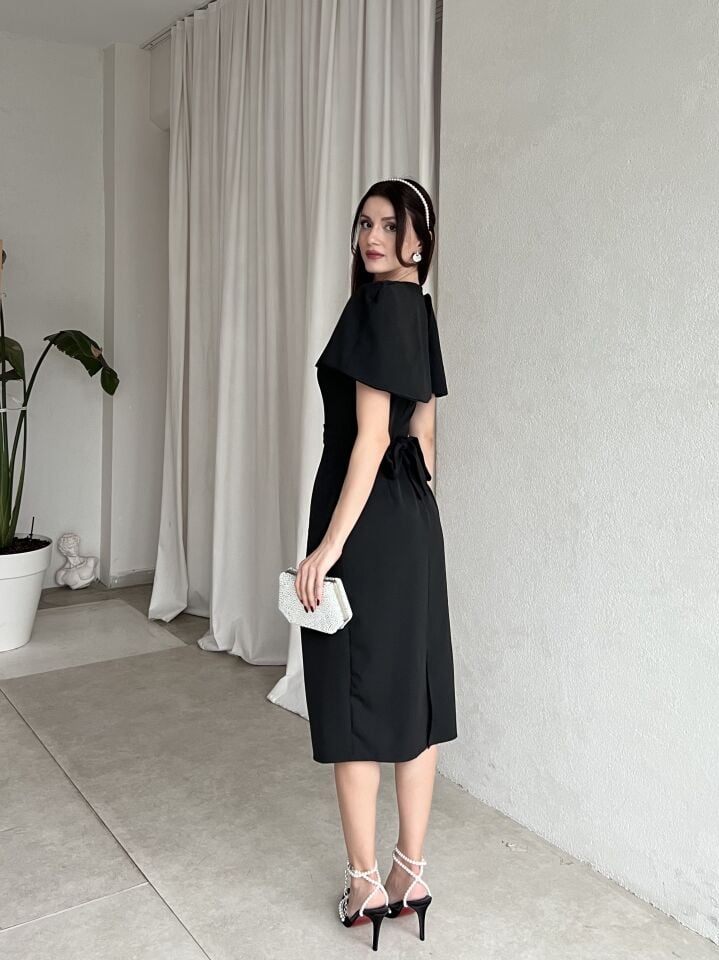 Pelerin Detaylı Midi Abiye Elbise 6077 Siyah - XL