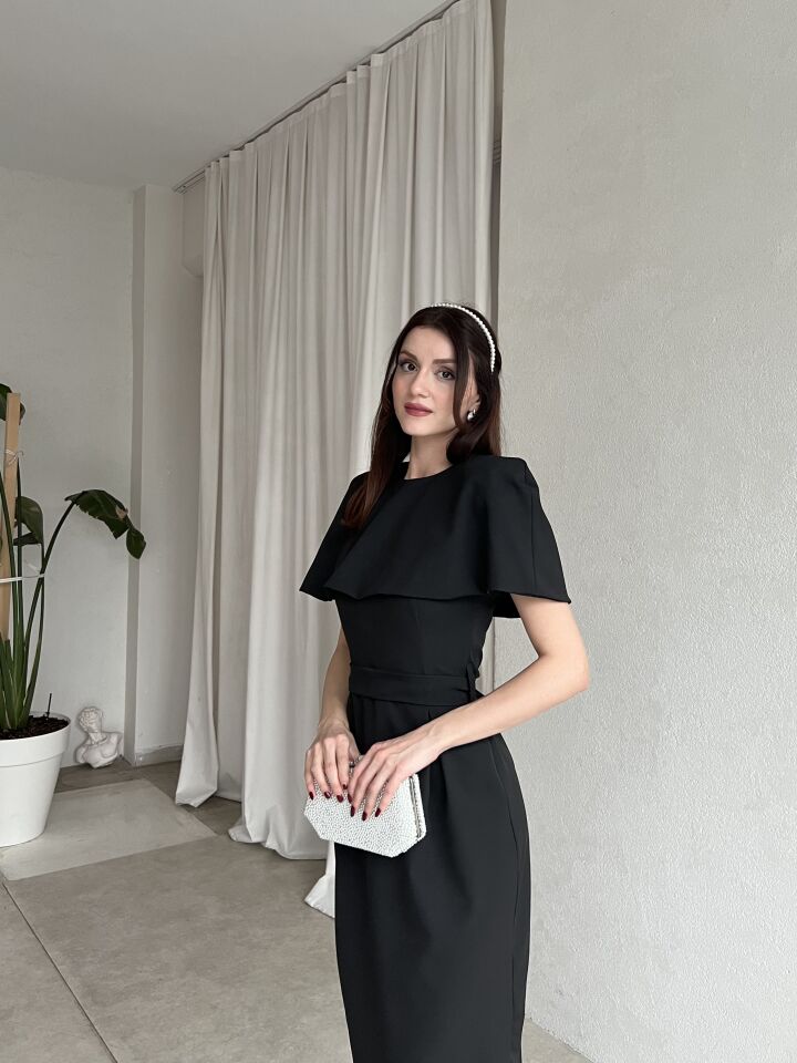 Pelerin Detaylı Midi Abiye Elbise 6077 Siyah - XL