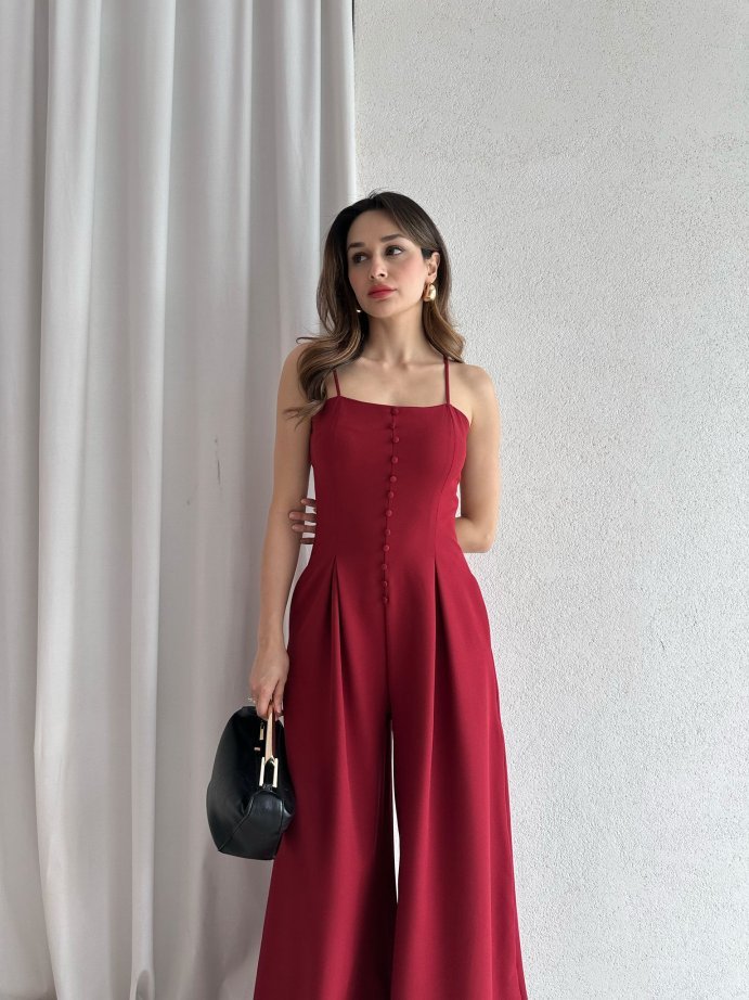 İp Askılı Önü Düğmeli Drapeli Tulum 5064 Bordo - XL