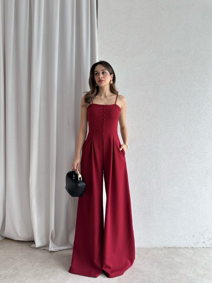 İp Askılı Önü Düğmeli Drapeli Tulum 5064 Bordo - XL