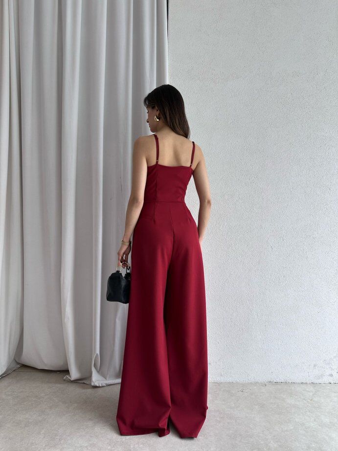 İp Askılı Önü Düğmeli Drapeli Tulum 5064 Bordo - XL