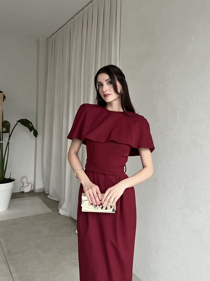 Pelerin Detaylı Midi Abiye Elbise 6077 Bordo - XL