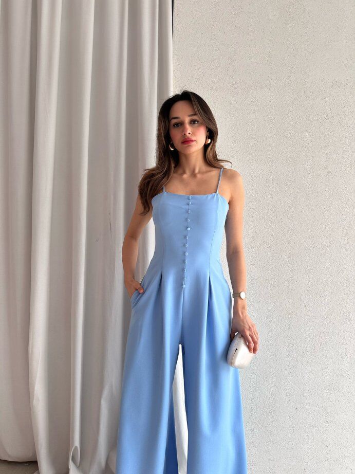 İp Askılı Önü Düğmeli Drapeli Tulum 5064 Mavi - XL