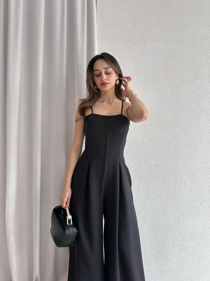 İp Askılı Önü Düğmeli Drapeli Tulum 5064 Siyah - XL