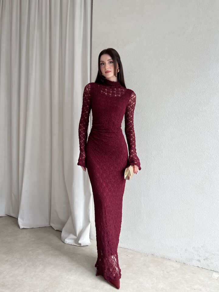 Dantel Uzun Kol Balık Kesim Abiye Elbise 6074 Bordo - S