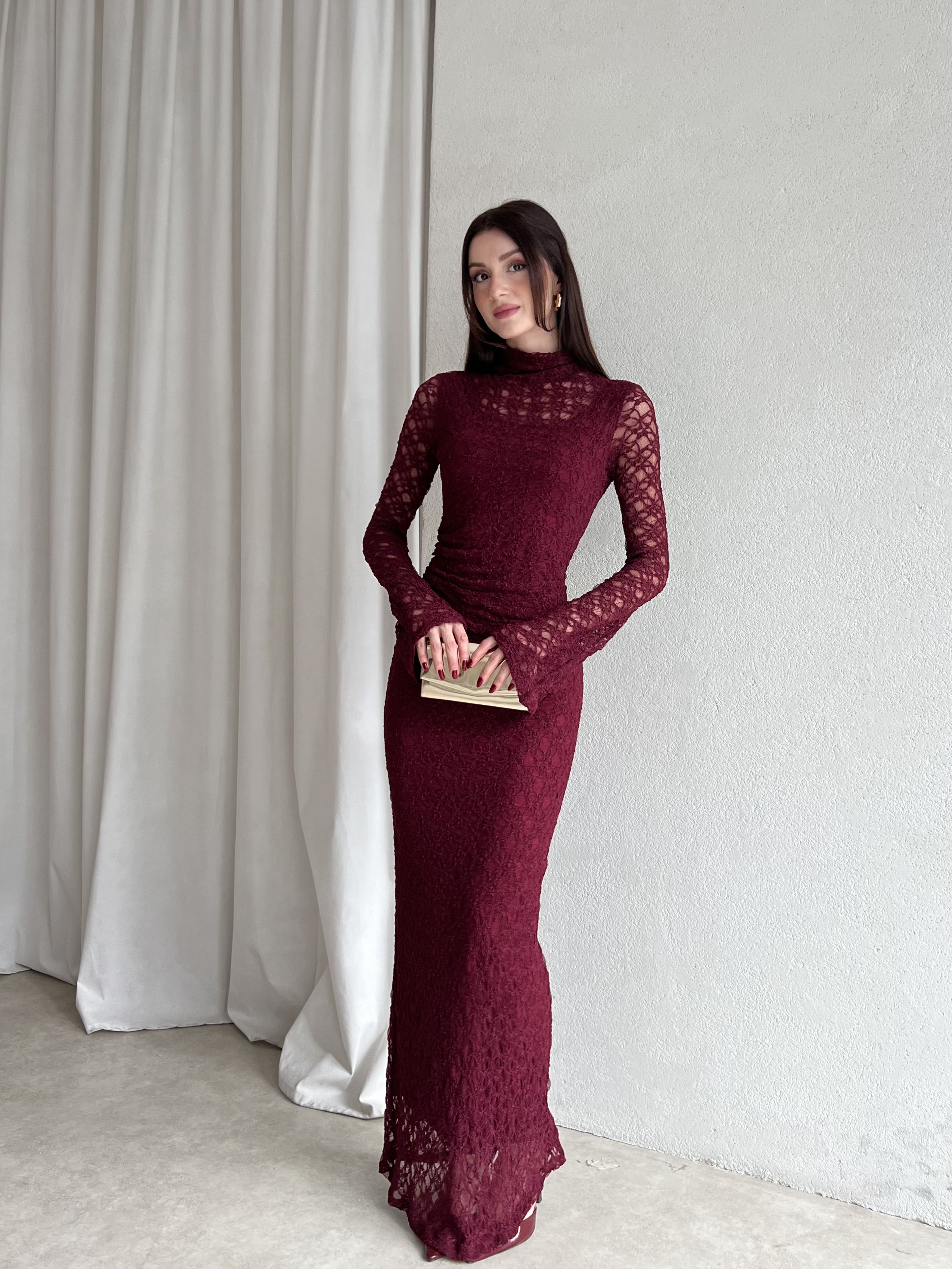 Dantel Uzun Kol Balık Kesim Abiye Elbise 6074 Bordo - S