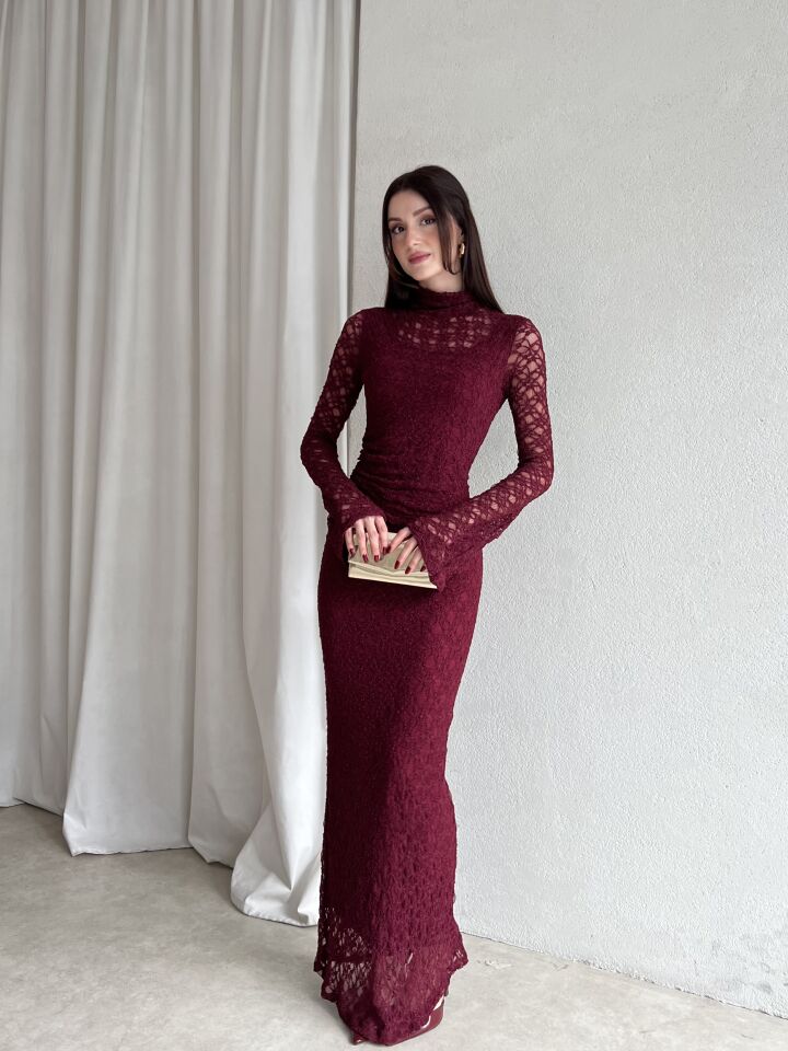 Dantel Uzun Kol Balık Kesim Abiye Elbise 6074 Bordo - S