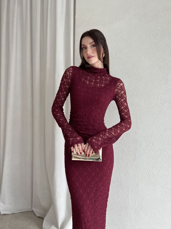 Dantel Uzun Kol Balık Kesim Abiye Elbise 6074 Bordo - S