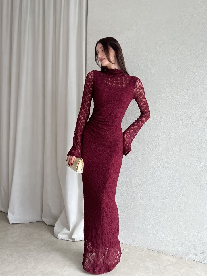 Dantel Uzun Kol Balık Kesim Abiye Elbise 6074 Bordo - L
