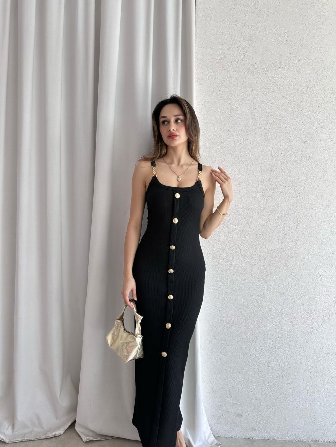 Zincir Askılı Önü Düğmeli Fitilli Maxi Elbise 5072
