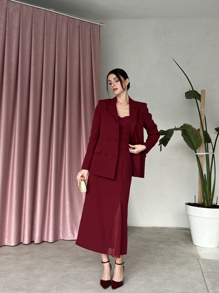 Blazer Ceketli Straplez Elbise Takım 6069 Bordo - S