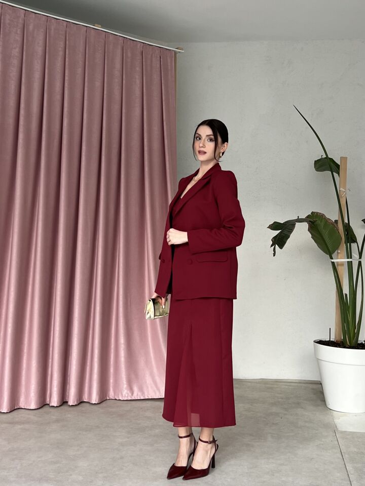 Blazer Ceketli Straplez Elbise Takım 6069 Bordo - M
