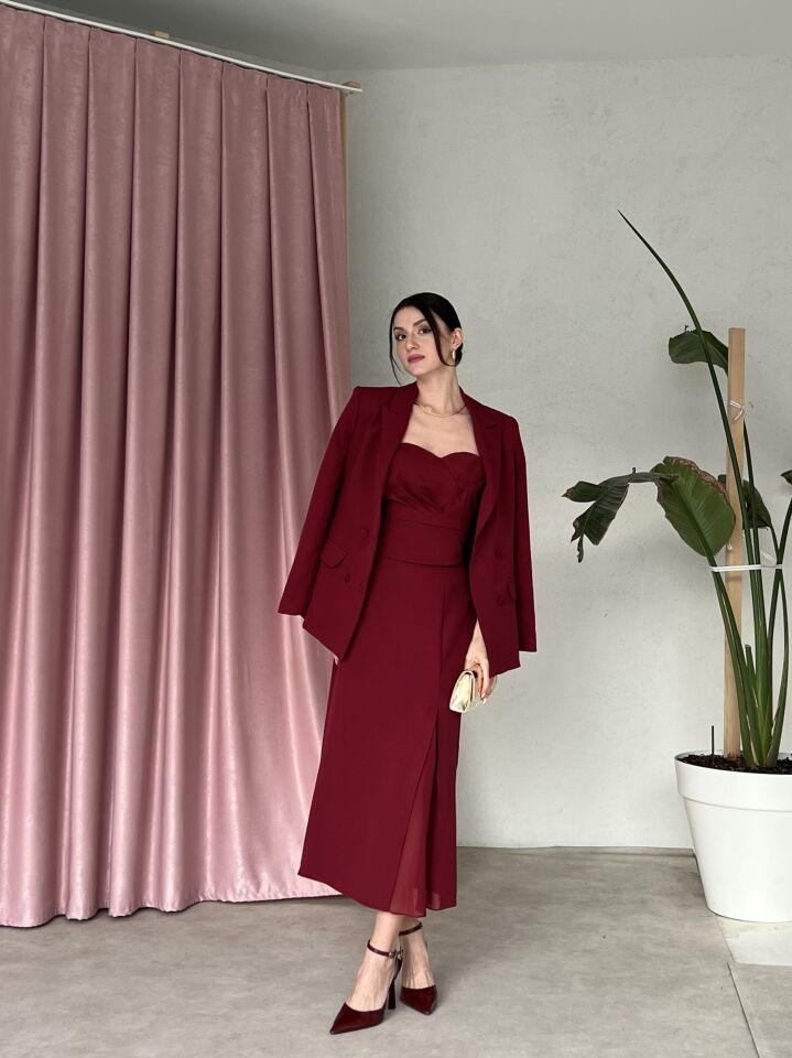Blazer Ceketli Straplez Elbise Takım 6069 Bordo - M