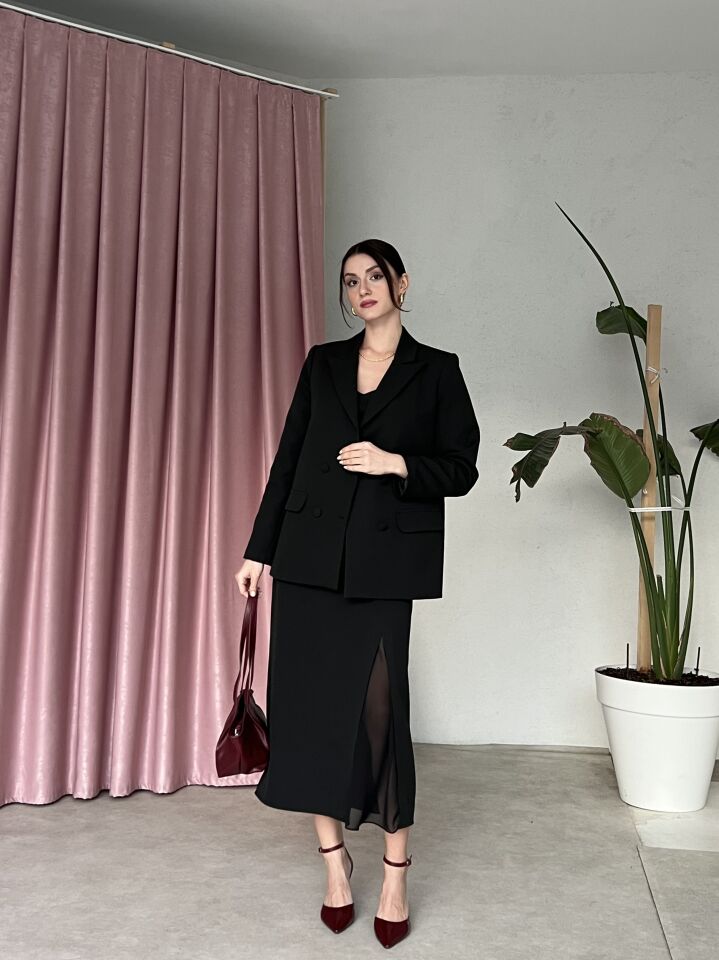 Blazer Ceketli Straplez Elbise Takım 6069 Siyah - M