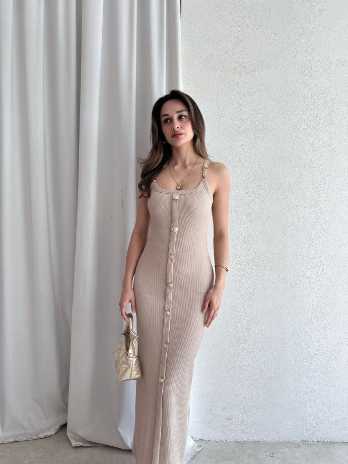 Zincir Askılı Önü Düğmeli Fitilli Maxi Elbise 5072 Bej - L