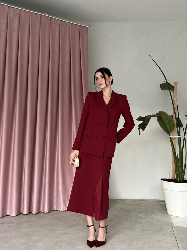 Blazer Ceketli Straplez Elbise Takım 6069 Bordo - L